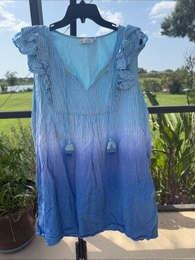 Vineyard linen / cotton Vines Blue Ombre Tassel Ruffle Tunic